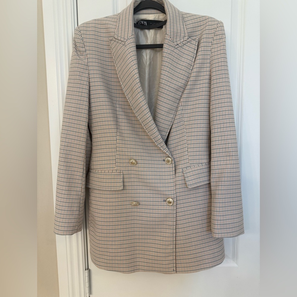 Zara Beige and Light Pink Checked Double-Breasted Blazer